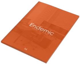 Ikona katalogu marki Endemic - broszura z napisem i zarysem mebli biurowych.